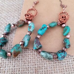 2" Copper Wire Rose & Beads with Genuine Turquoise Pear Shaped Dangle Earrings